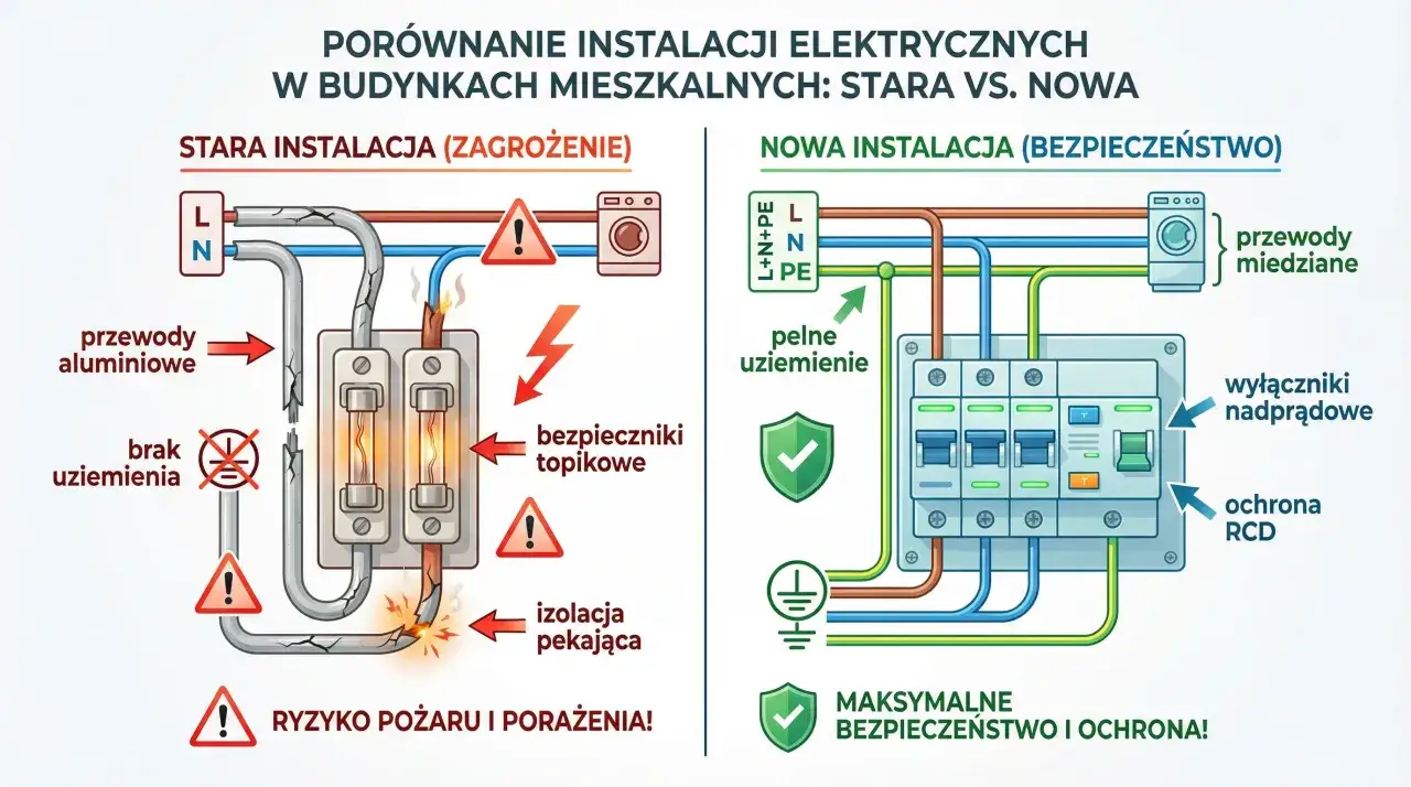 Porównanie starej, niebezpiecznej instalacji elektrycznej z nową, bezpieczną. Stara ma aluminiowe przewody, brak uziemienia, pękającą izolację i grozi pożarem. Nowa ma miedziane przewody, pełne uziemienie, zabezpieczenia nadprądowe i ochronę RCD.