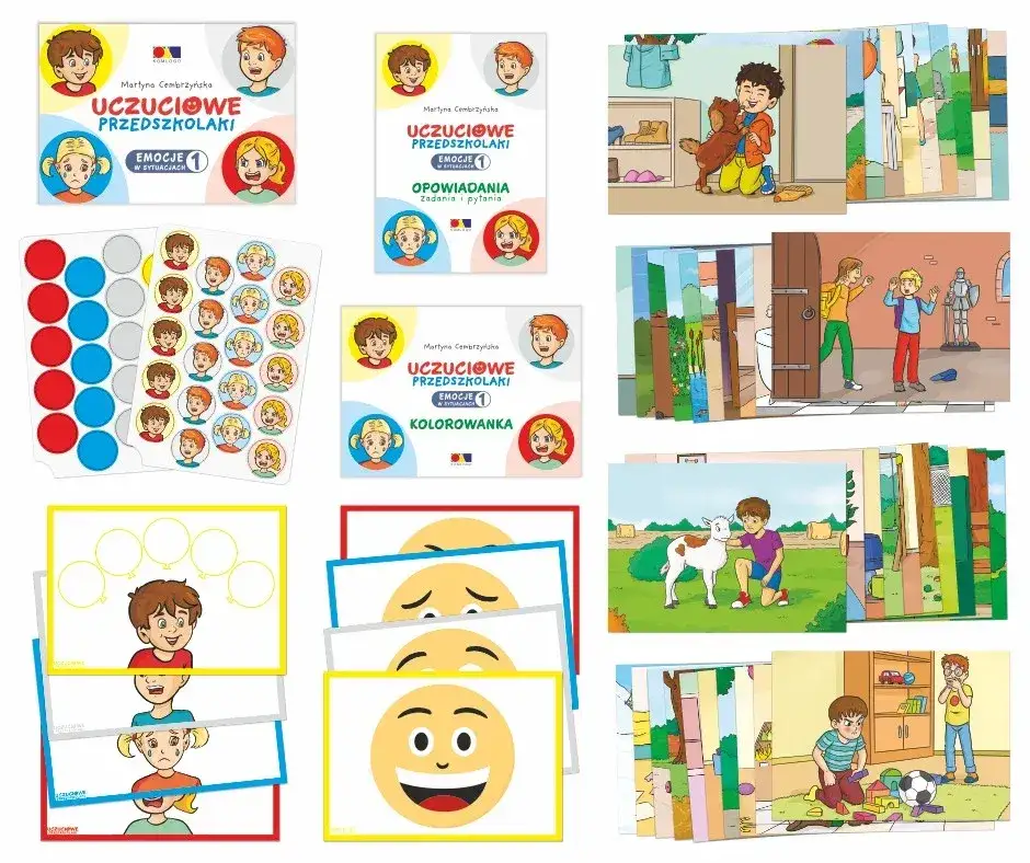 dzieci uczące się emocji za pomocą kart obrazkowych podczas terapii