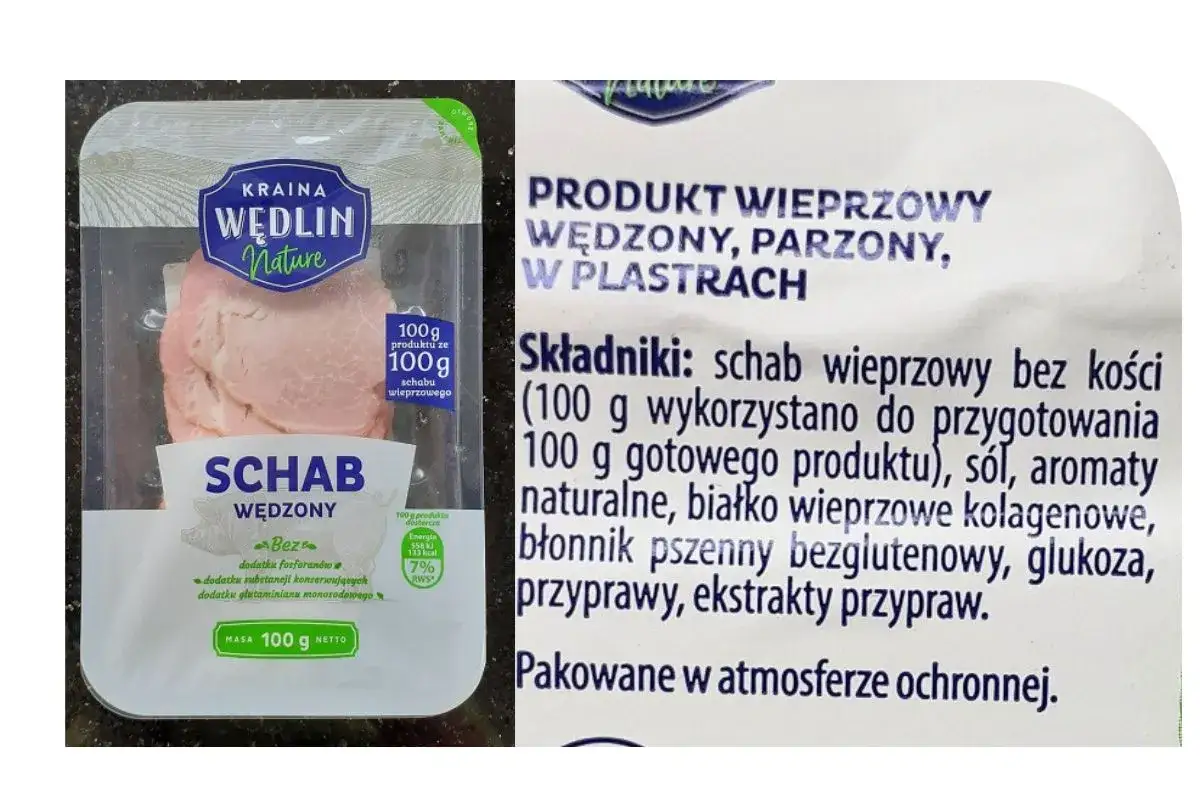 Schab wieprzowy wędzony, bez dodatków. Czy to jedne z najzdrowszych wędlin? Składniki: schab wieprzowy, sól, aromaty, białko kolagenowe, błonnik, glukoza, przyprawy.