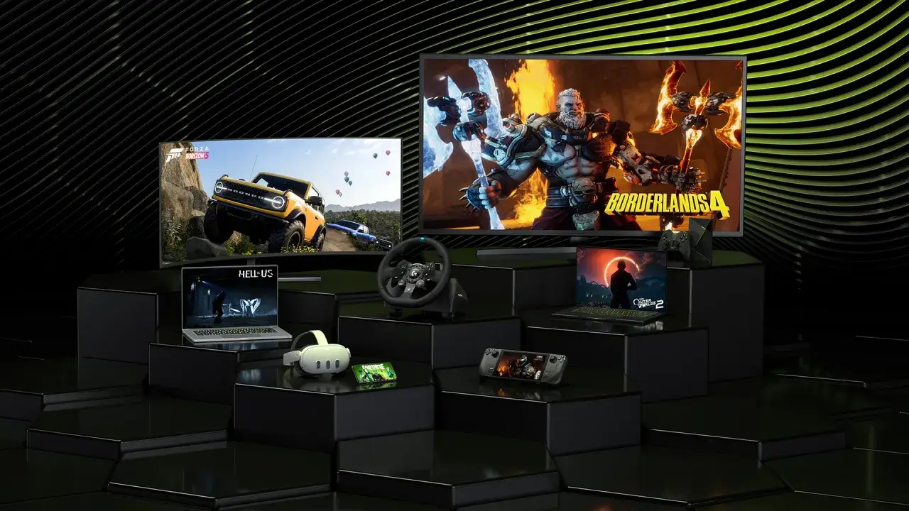 Zobacz, jak działa GeForce Now: gry na różnych ekranach, od laptopów po telewizory, z kontrolerami i goglami VR.