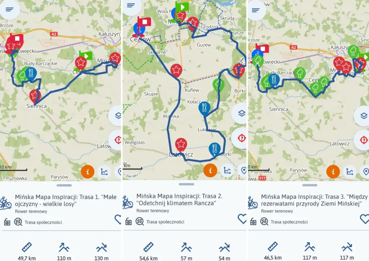 Trzy mapy tras rowerowych, idealne, gdy zastanawiasz się, gdzie lecieć w kwietniu. Pokazują malownicze tereny z zaznaczonymi atrakcjami.