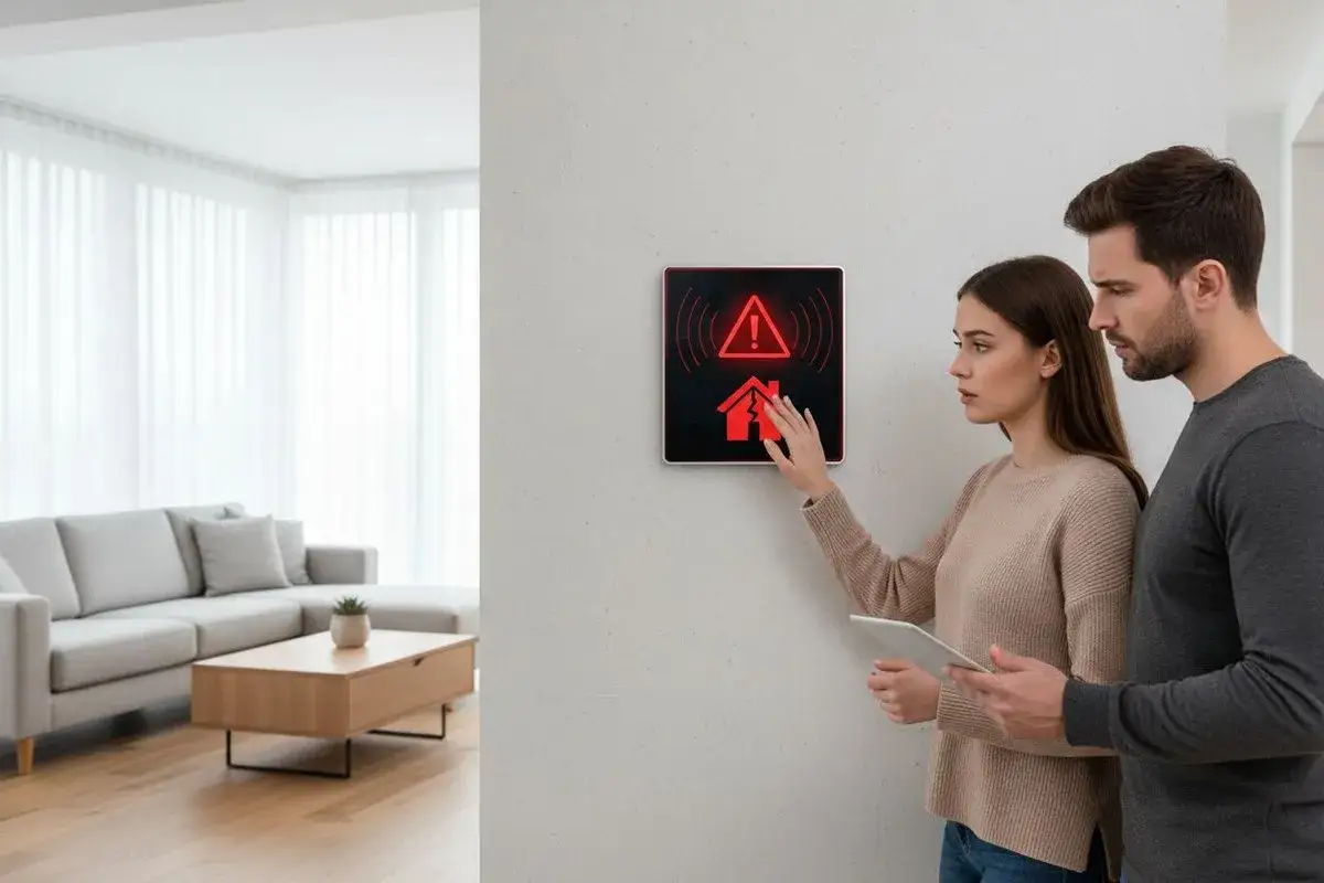 Para wyłącza alarm w domu, dotykając panelu z ikoną domu i wykrzyknikiem.