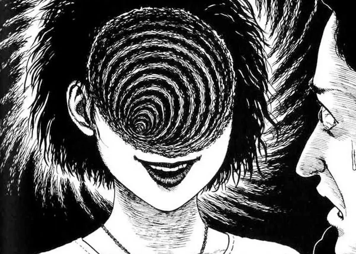 Dziewczyna z wirującymi oczami, uśmiechnięta, w stylu manga horror. Obok niej twarz z łzami.