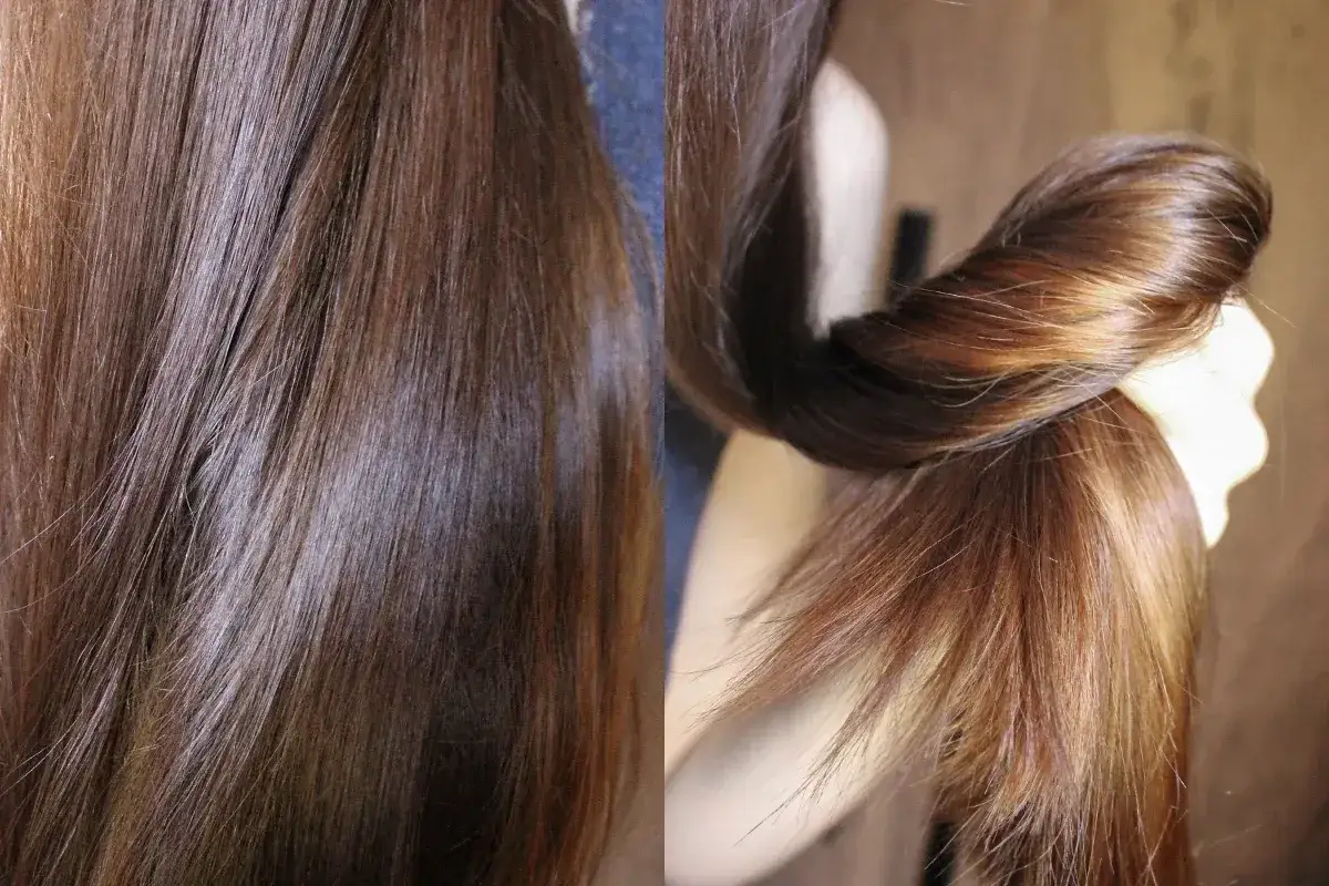 Cabello castaño brillante y sedoso, como si se hubiera usado un champú con siliconas.