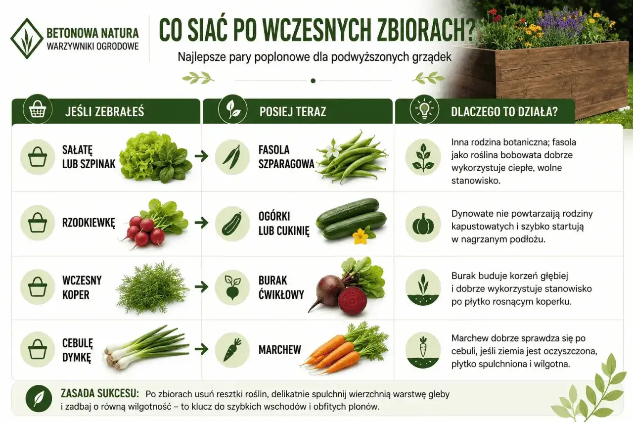 Co siać w czerwcu po wczesnych zbiorach? Porady dotyczące warzyw: fasola szparagowa po sałacie, ogórki po rzodkiewce, burak po koprze, marchew po cebuli.