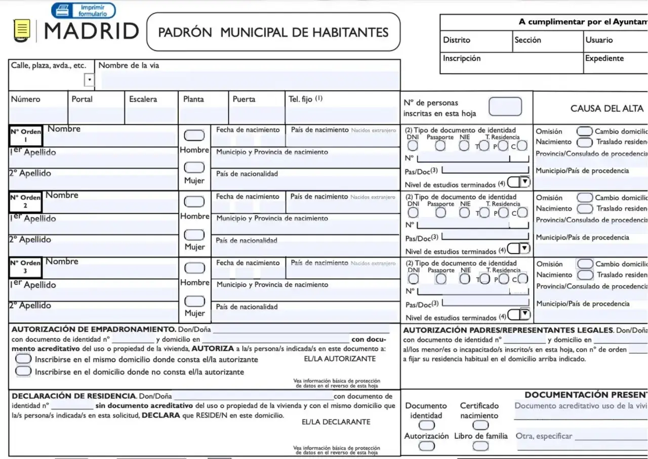 Formulario para empadronar a alguien en mi casa de alquiler. Incluye datos personales, dirección y autorizaciones.