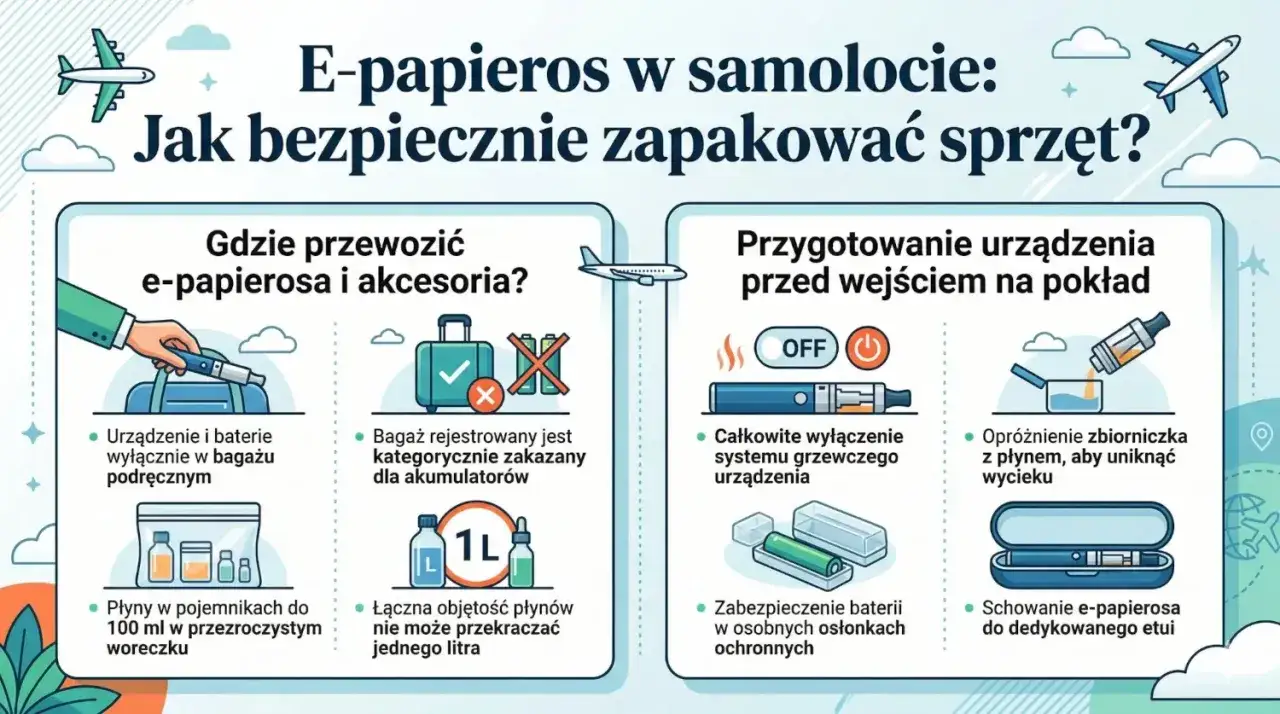 Czy można wziąć e-papierosa do samolotu? Tak, ale urządzenie i płyny (do 100 ml) tylko w bagażu podręcznym. Bagaż rejestrowany jest zakazany dla akumulatorów.