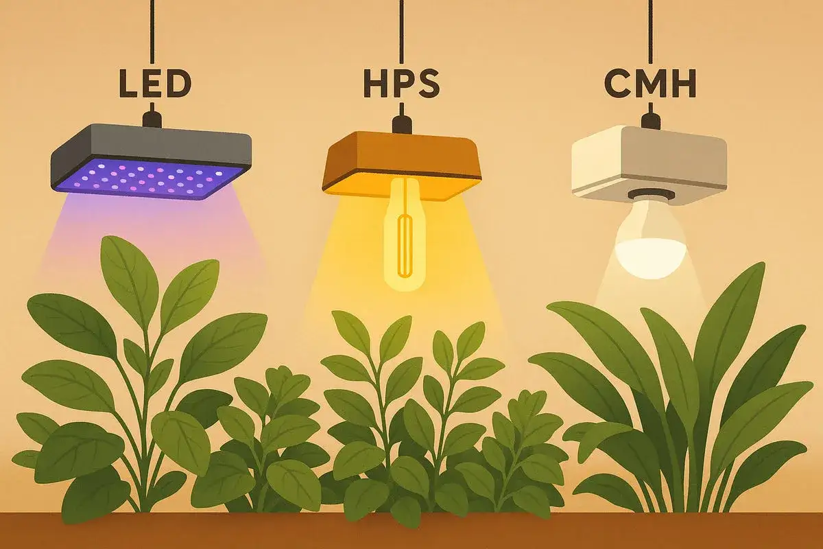 Confronto tra luci LED, HPS e CMH per la crescita delle piante. La luce CMH illumina rigogliose foglie verdi.
