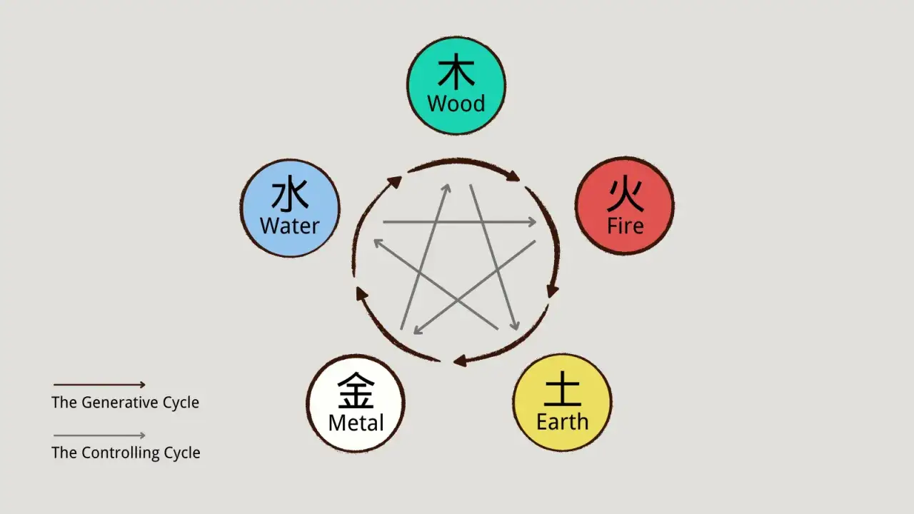 I 5 elementi (Legno, Fuoco, Terra, Metallo, Acqua) in un ciclo generativo e di controllo.