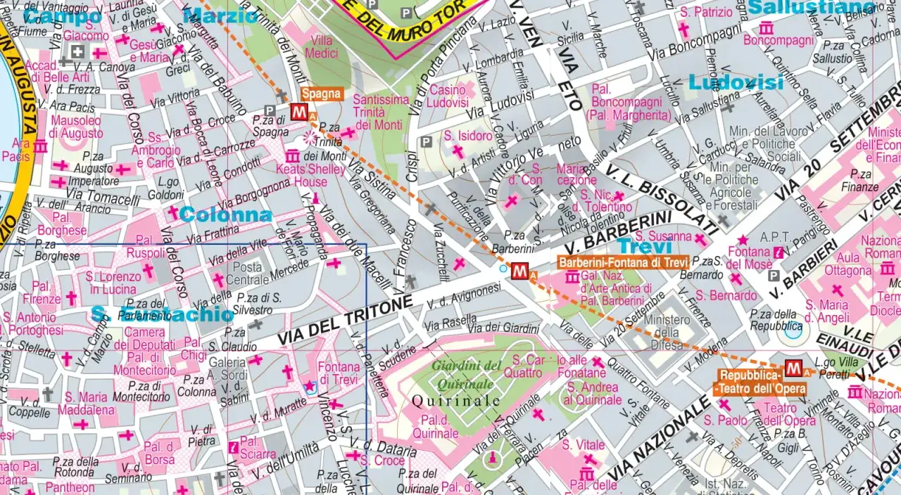 Najważniejsze zabytki Rzymu na mapie: Kolumna, Fontana di Trevi, Plac Hiszpański, Pal. Barberini.