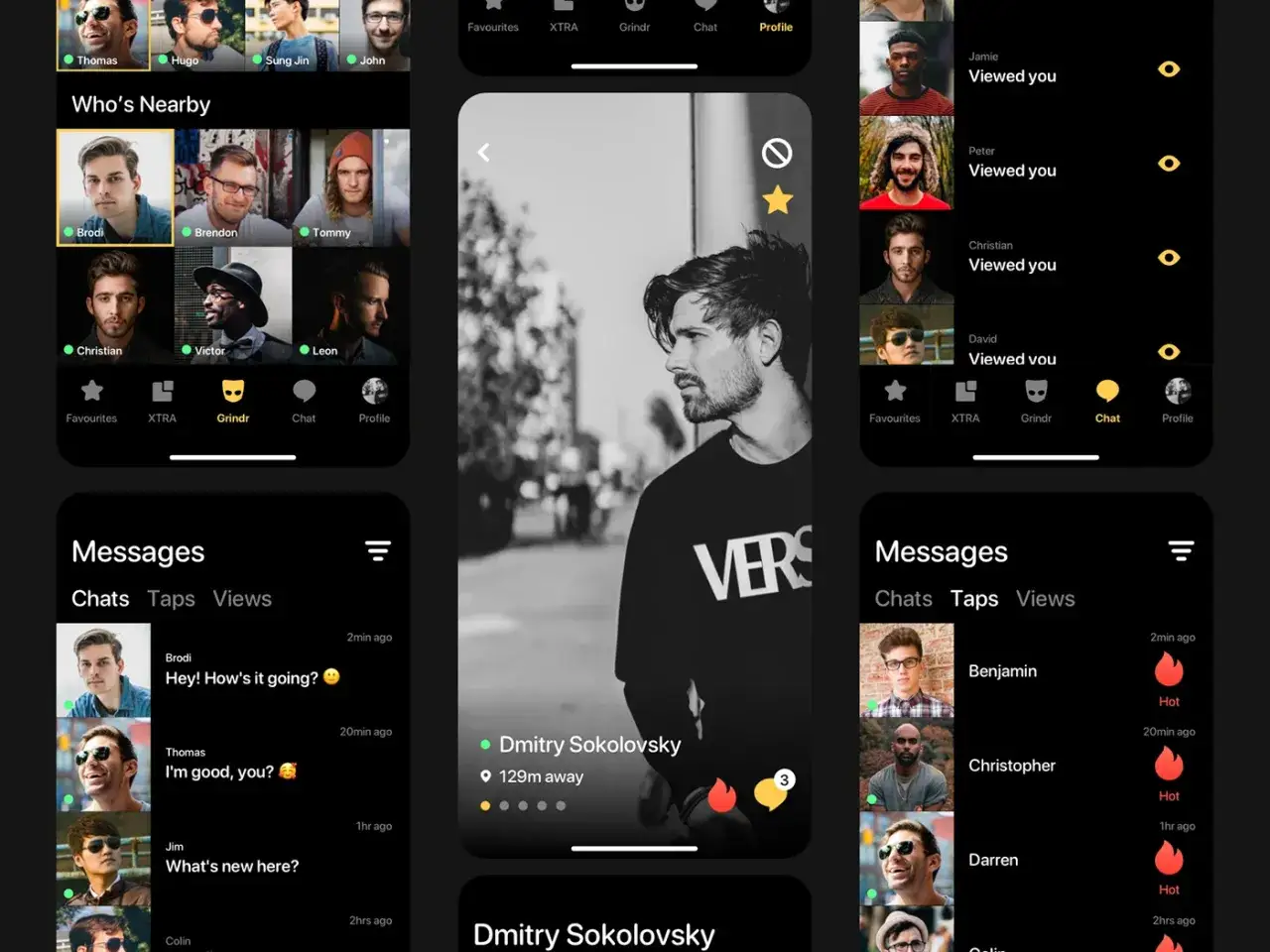 Ekran aplikacji randkowej, pokazujący profile użytkowników i wiadomości. To jest właśnie grindr co to za aplikacja.