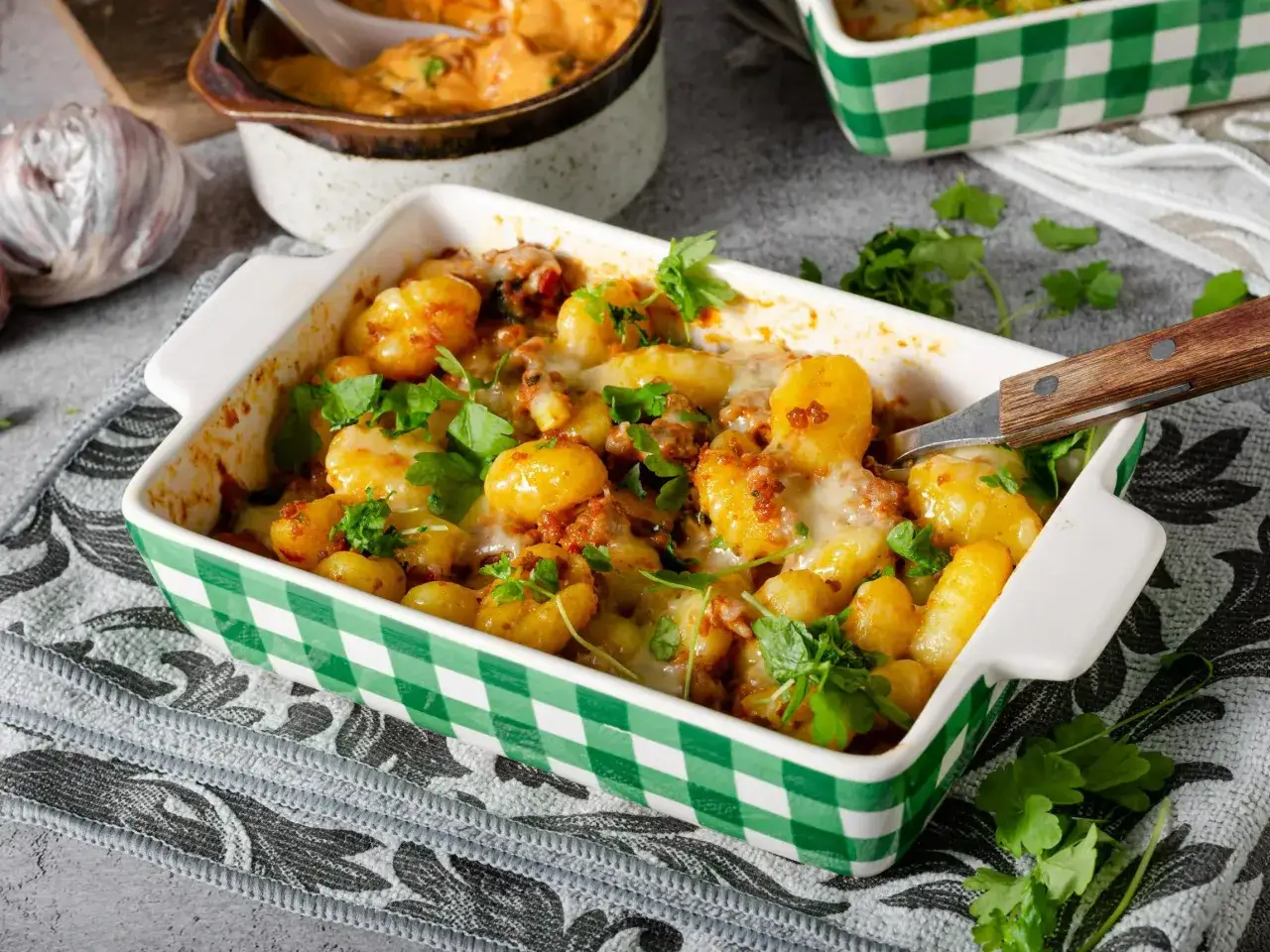 Zapiekane gnocchi z mięsem mielonym i serem, posypane natką pietruszki. Idealne danie, by pokazać, z czym jeść gnocchi.