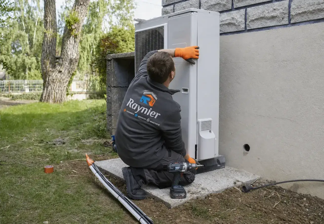 Un technicien en combinaison Raynier vérifie l'unité extérieure d'une climatisation. Il est temps de savoir quand recharger clim maison.