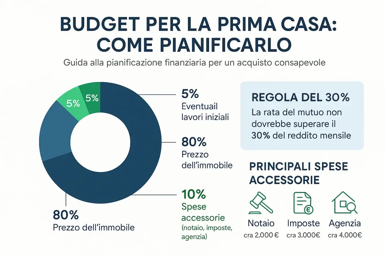 Guida per pianificare il budget per la prima casa: 80% prezzo immobile, 10% spese accessorie, 5% lavori. Regola del 30% per il mutuo.