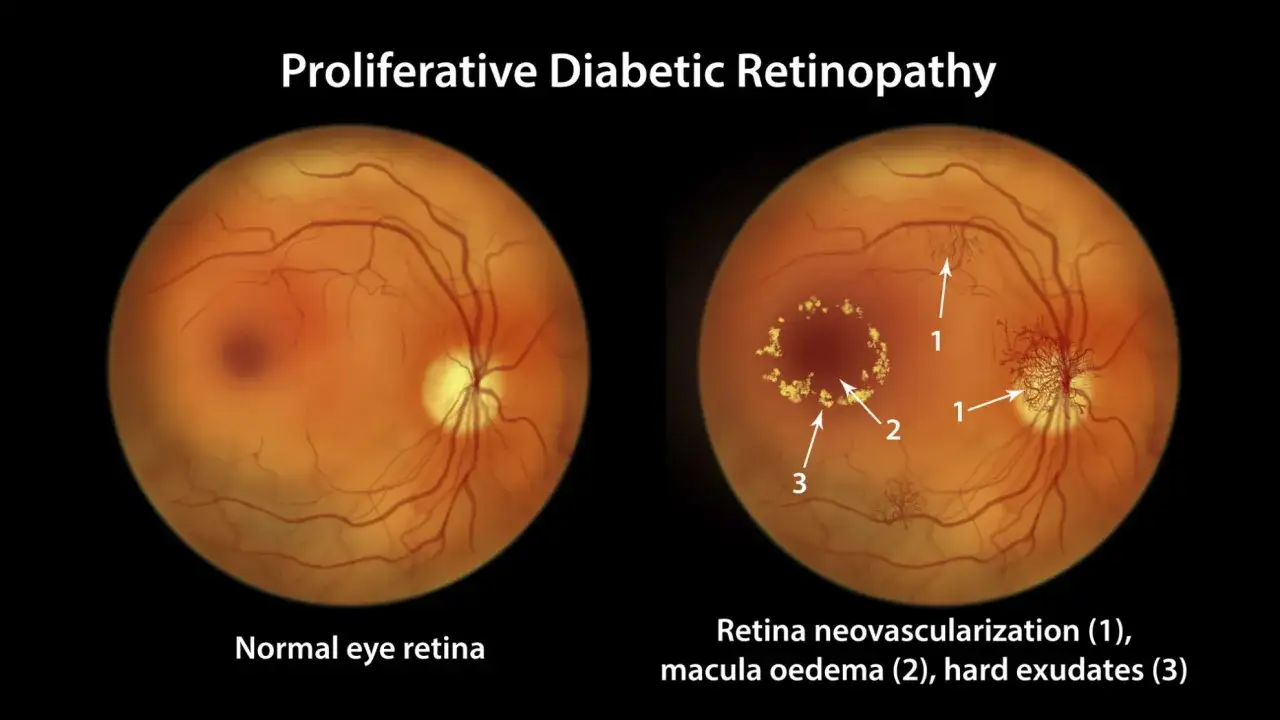 Zdrowa siatkówka vs. retinopatia cukrzycowa: neowaskularyzacja, obrzęk plamki, wysięki. Leczenie retinopatii cukrzycowej jest kluczowe.