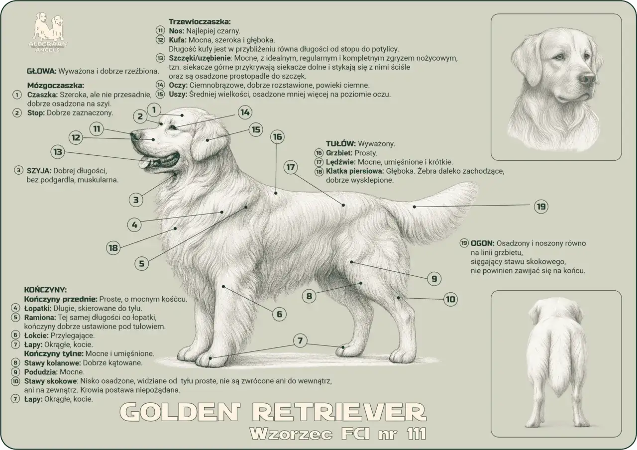 Golden retriever, pies o złocistym umaszczeniu, z zaznaczonymi częściami ciała.