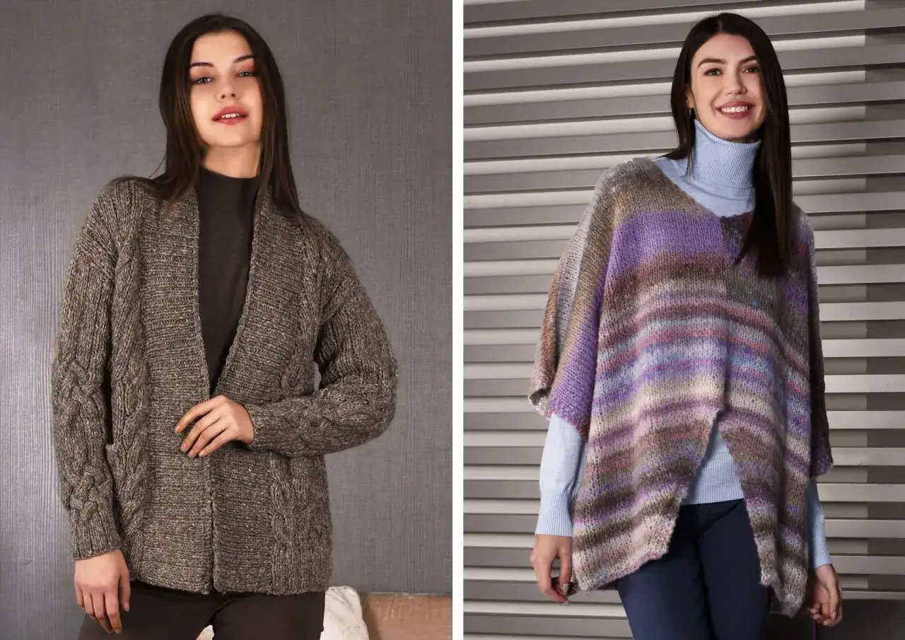Modelli di maglieria: un cardigan in maglia grossa con trecce e un poncho colorato, che mostrano la versatilità e il significato della maglieria.