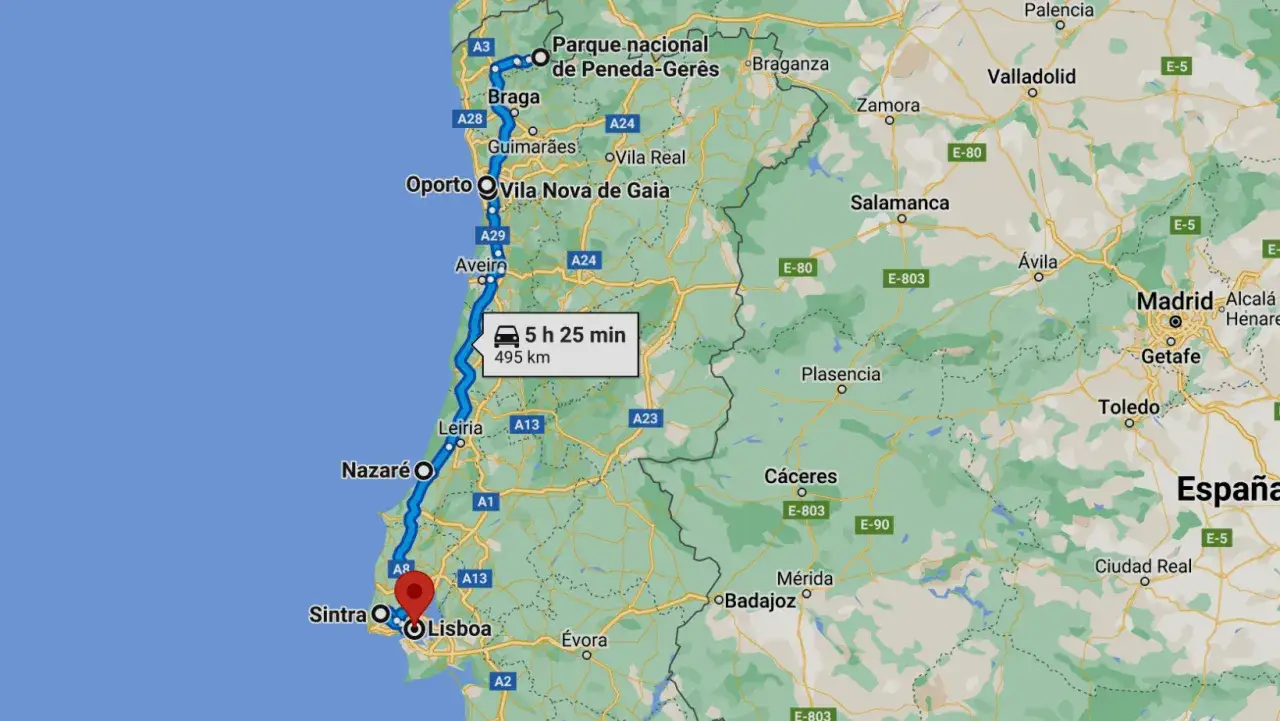 Carte du Portugal montrant un itinéraire en camping-car de Porto à Lisbonne, utile pour planifier le budget pour aller au Portugal en camping-car.