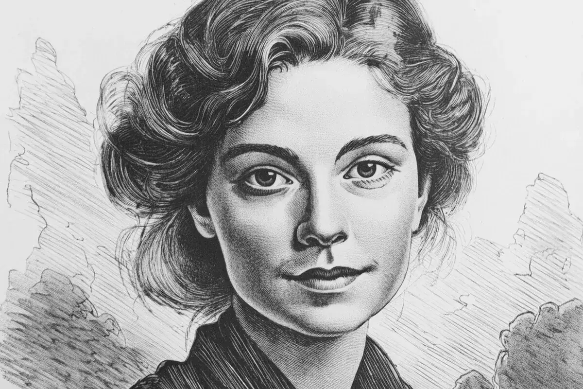 Portret młodej kobiety z kręconymi włosami, wykonany z dbałością o detale, jakby stworzony miękkim ołówkiem.