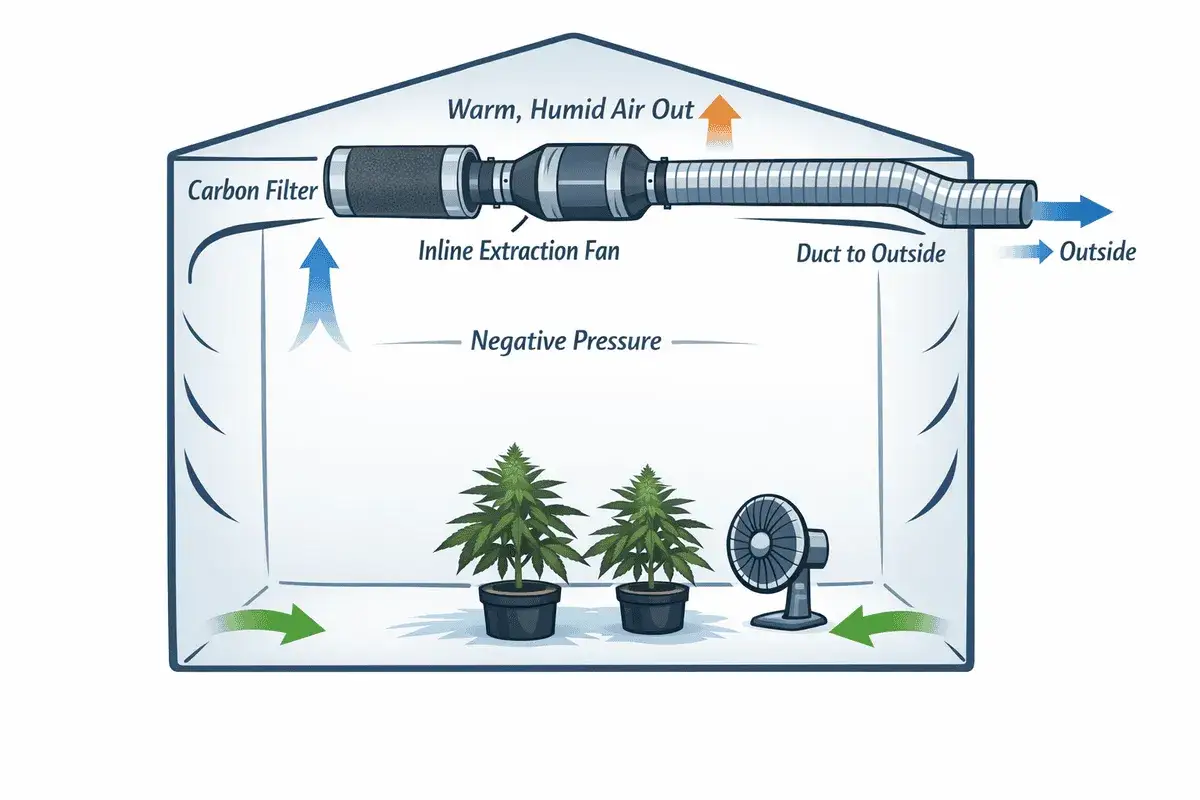 Schema för ett odlingsrum med växter, fläkt och ett system för ventilation som skapar negativt tryck.
