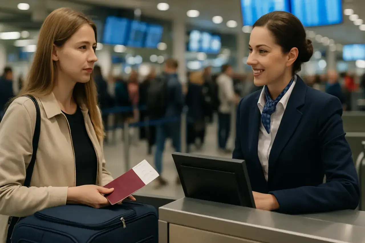 Kobieta z paszportem i walizką przy stanowisku odprawy. Pracownica lotniska uśmiecha się, odpowiadając na pytanie: ile trwa odprawa na lotnisku.