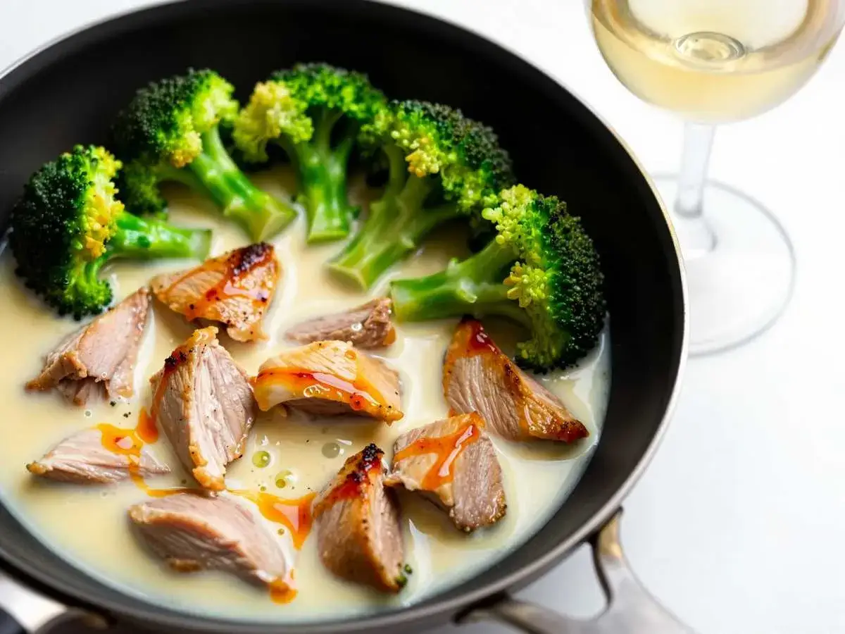 Leckeres Hähnchen-Geschnetzeltes mit Brokkoli in cremiger Sauce, perfekt für ein schnelles Abendessen. Ein Glas Weißwein rundet das Gericht ab.