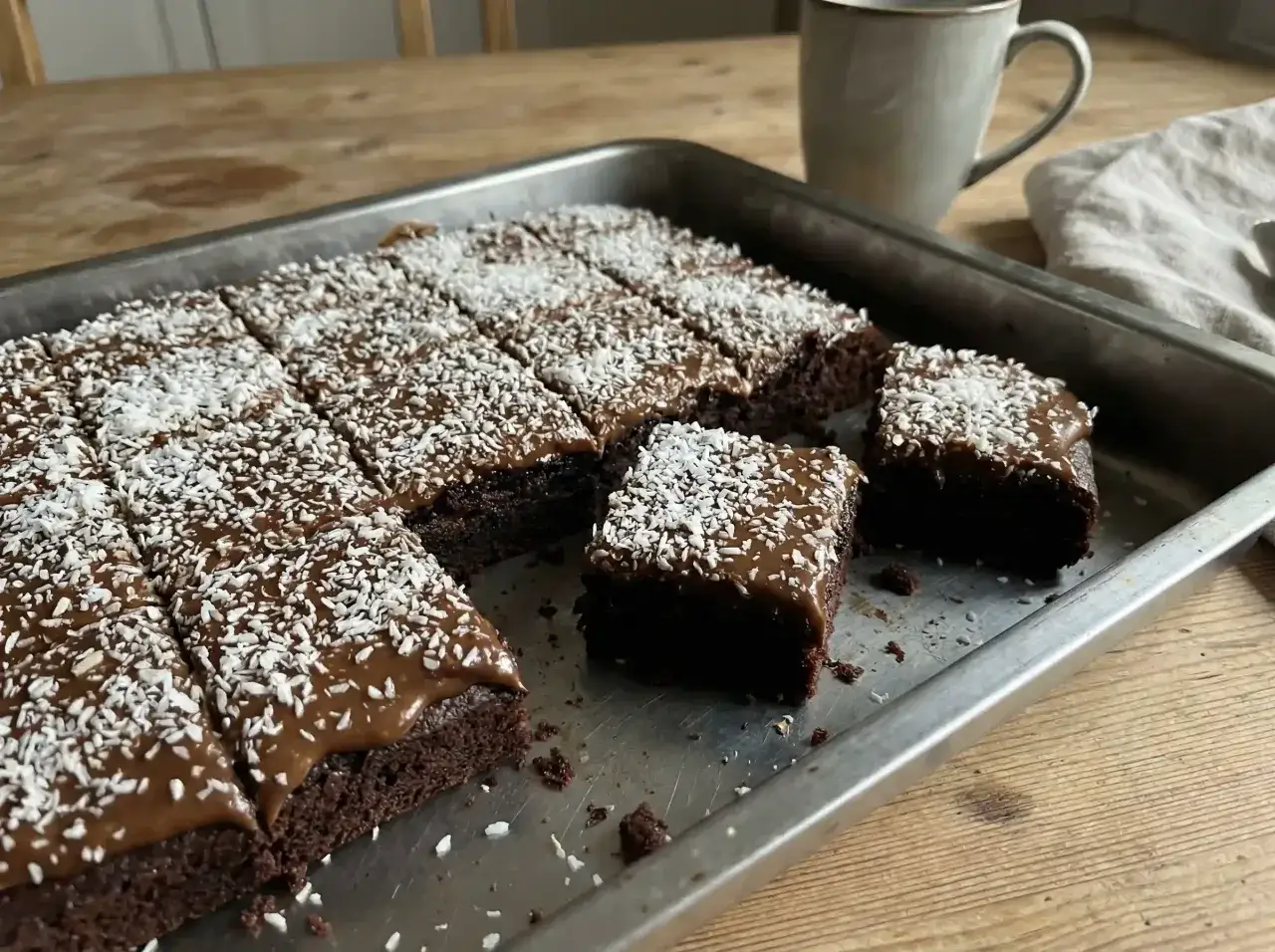 En nybakad, nyttig kladdkaka med chokladglasyr och kokosflingor i en pl&aring;t. En mugg kaffe st&aring;r bredvid.