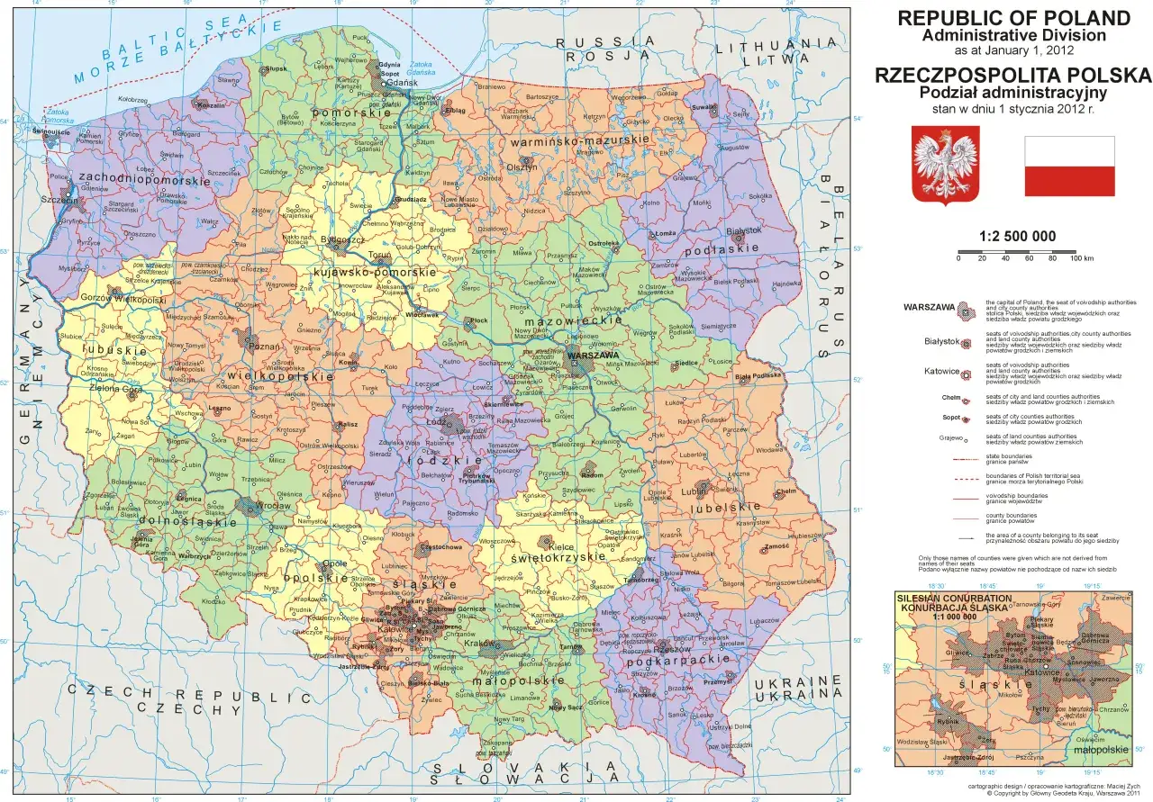 Mapa Polski z zaznaczonymi dużymi miastami i ich dzielnicami