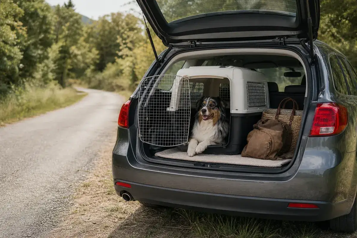 Un chien attend dans sa cage de transport, prêt pour un voyage en taxi animalier. La formation de ce service est essentielle pour le bien-être de nos compagnons.