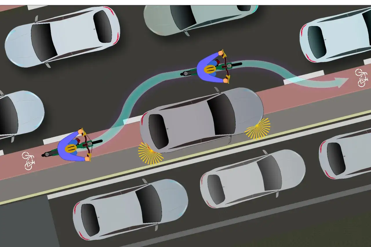Radfahrer nutzen den Radweg, w&auml;hrend Autos im **parken in zweiter reihe** den Verkehr behindern.