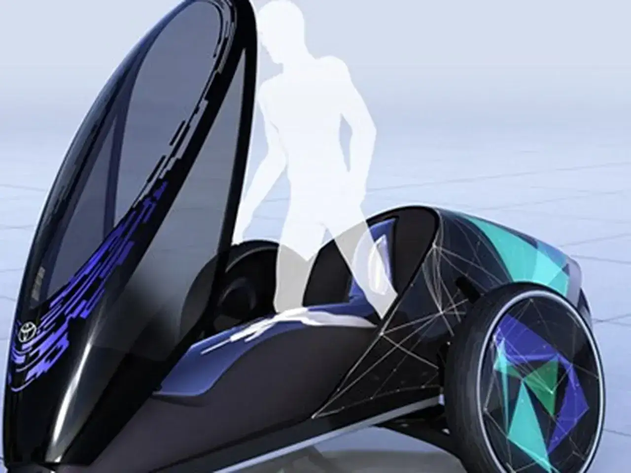 Futurystyczna, nowa Toyota z otwieraną kabiną. Widoczna sylwetka osoby wsiadającej do pojazdu.