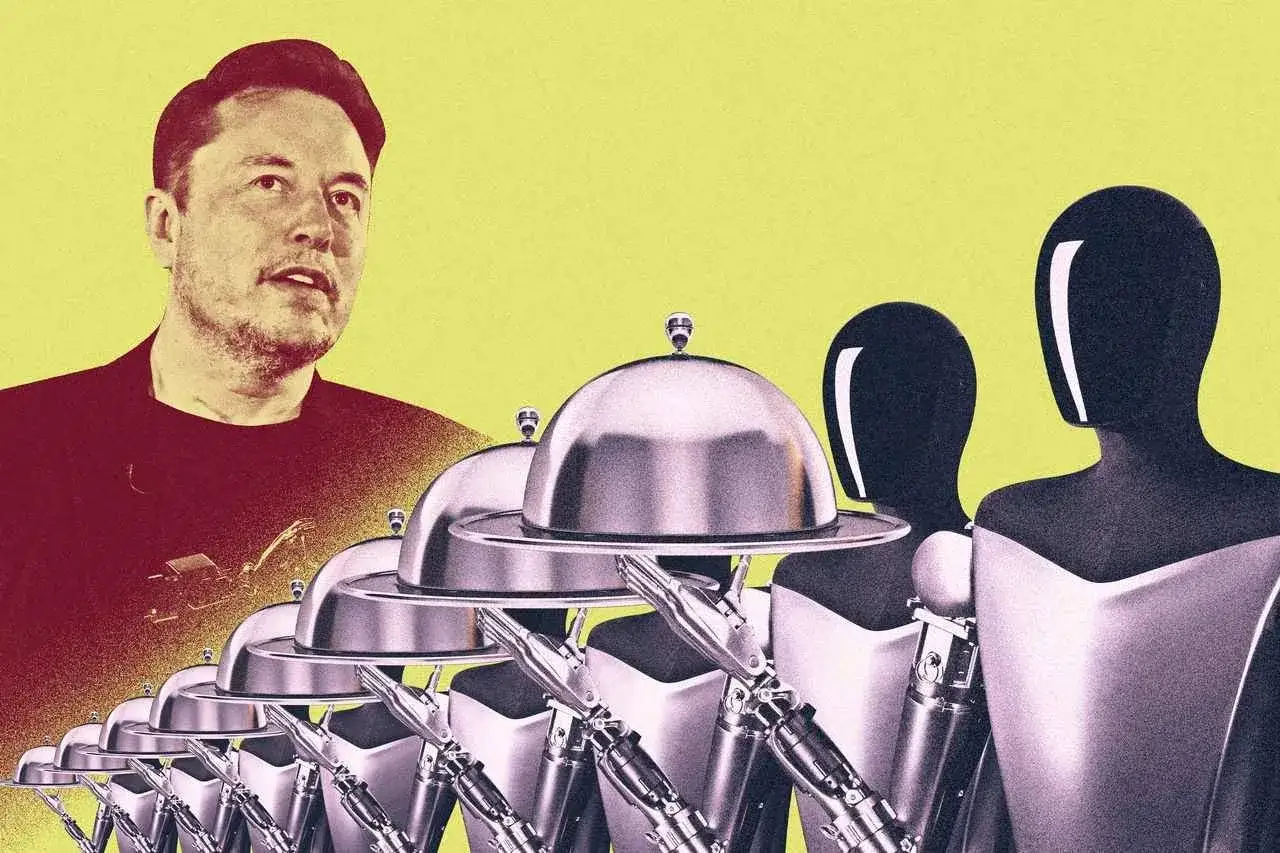 Elon Musk patrzy na rząd robotów z tacami. Czy to przyszłość, którą tworzy Musk? Wiek robotów nadchodzi.