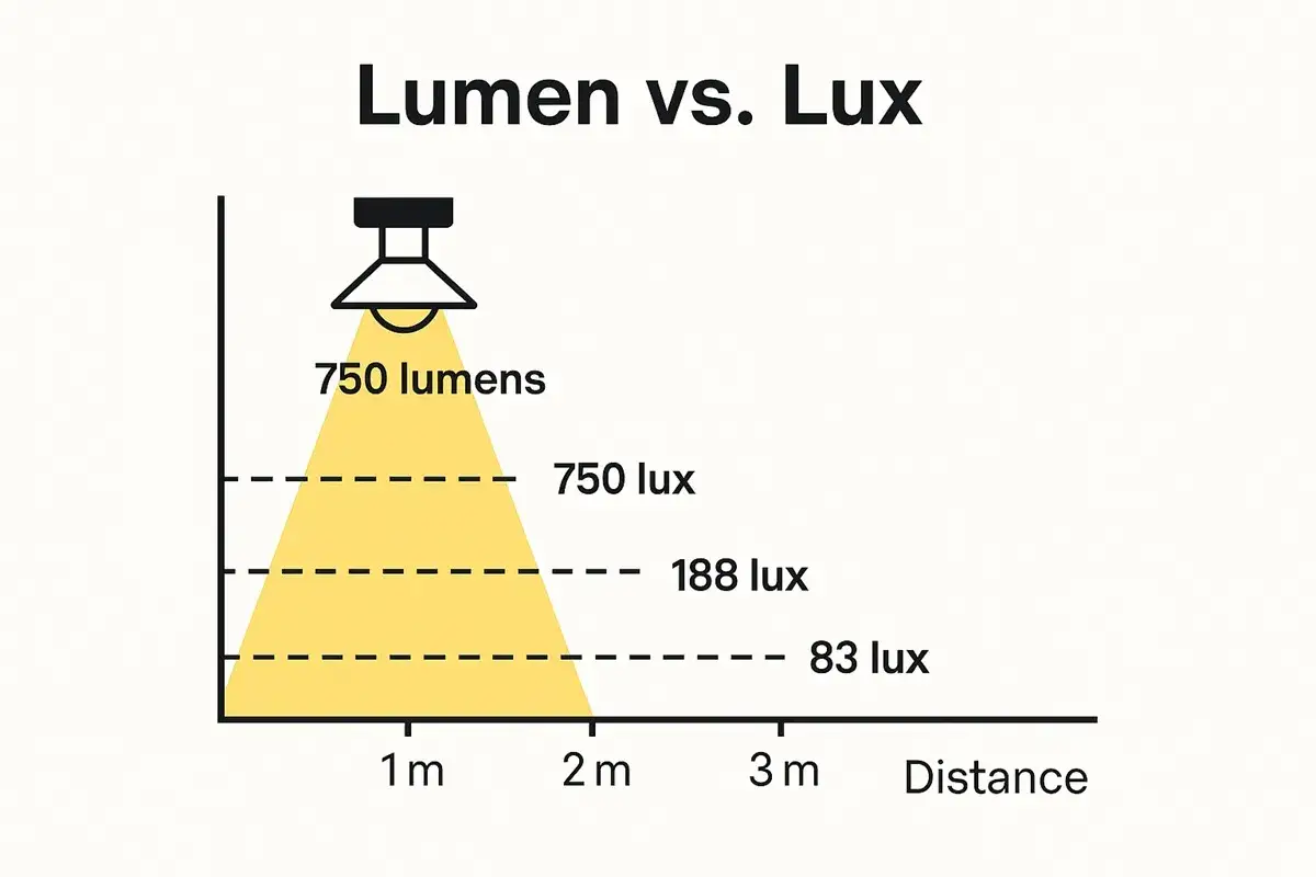 Wykres pokazuje, jak 750 lumenów rozkłada się na luxy w zależności od odległości: 750 lux w 1m, 188 lux w 2m, 83 lux w 3m.