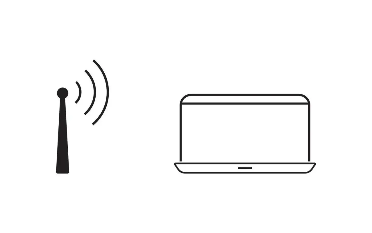 Ikona anteny z falami sygnału obok laptopa. Ilustracja pokazuje, jak włączyć wifi w laptopie.