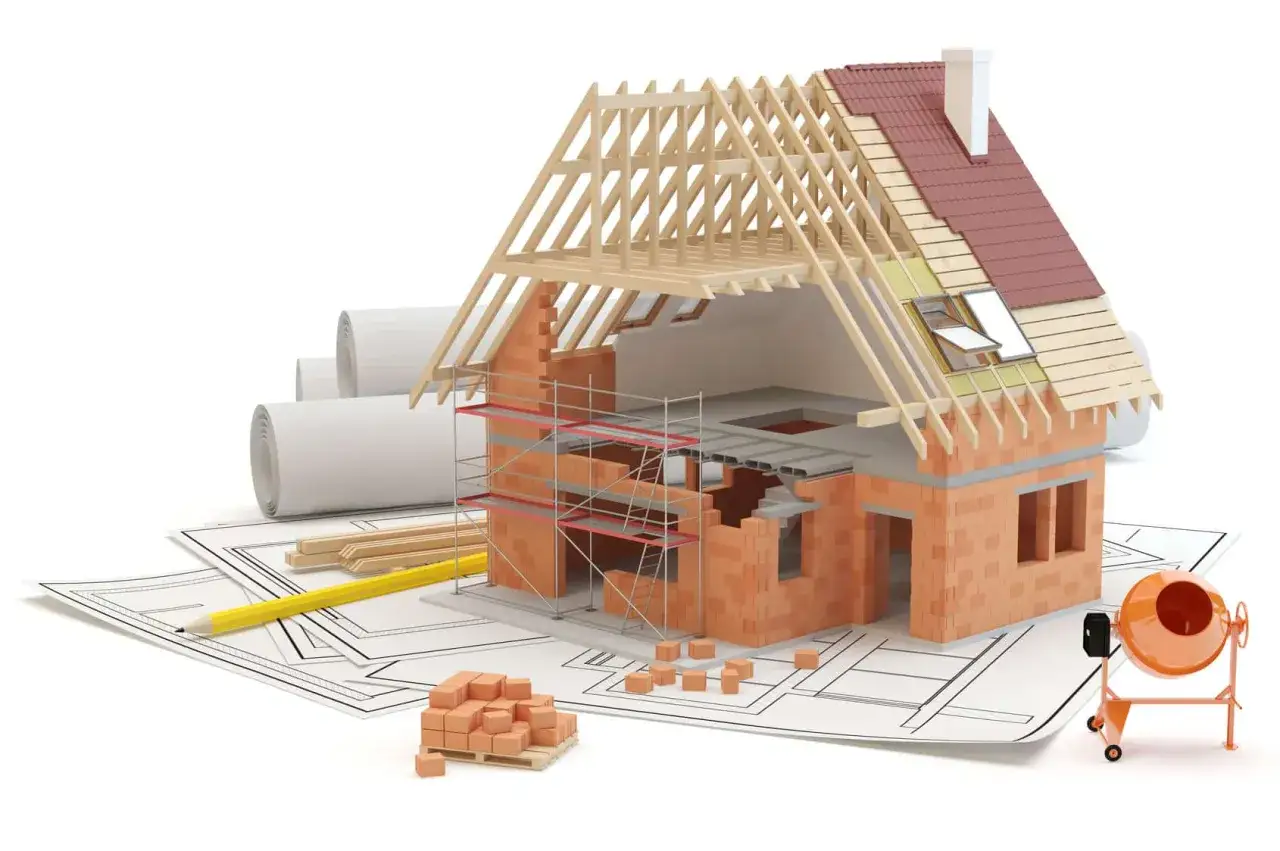 Maquette de maison en construction, plans, brouettes, briques et échafaudages. Idéal pour aide pour travaux fait soi-même.