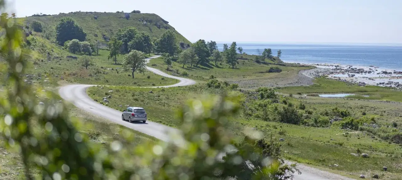 En bil kör på en slingrande väg längs Gotlands kust. Perfekt för att upptäcka alla aktiviteter Gotland har att erbjuda.