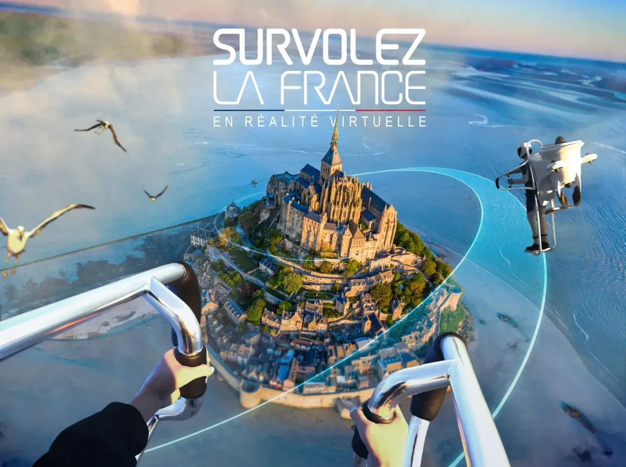 Survolez la France en réalité virtuelle, une expérience immersive avec un avis FlyView sur le Mont Saint-Michel.