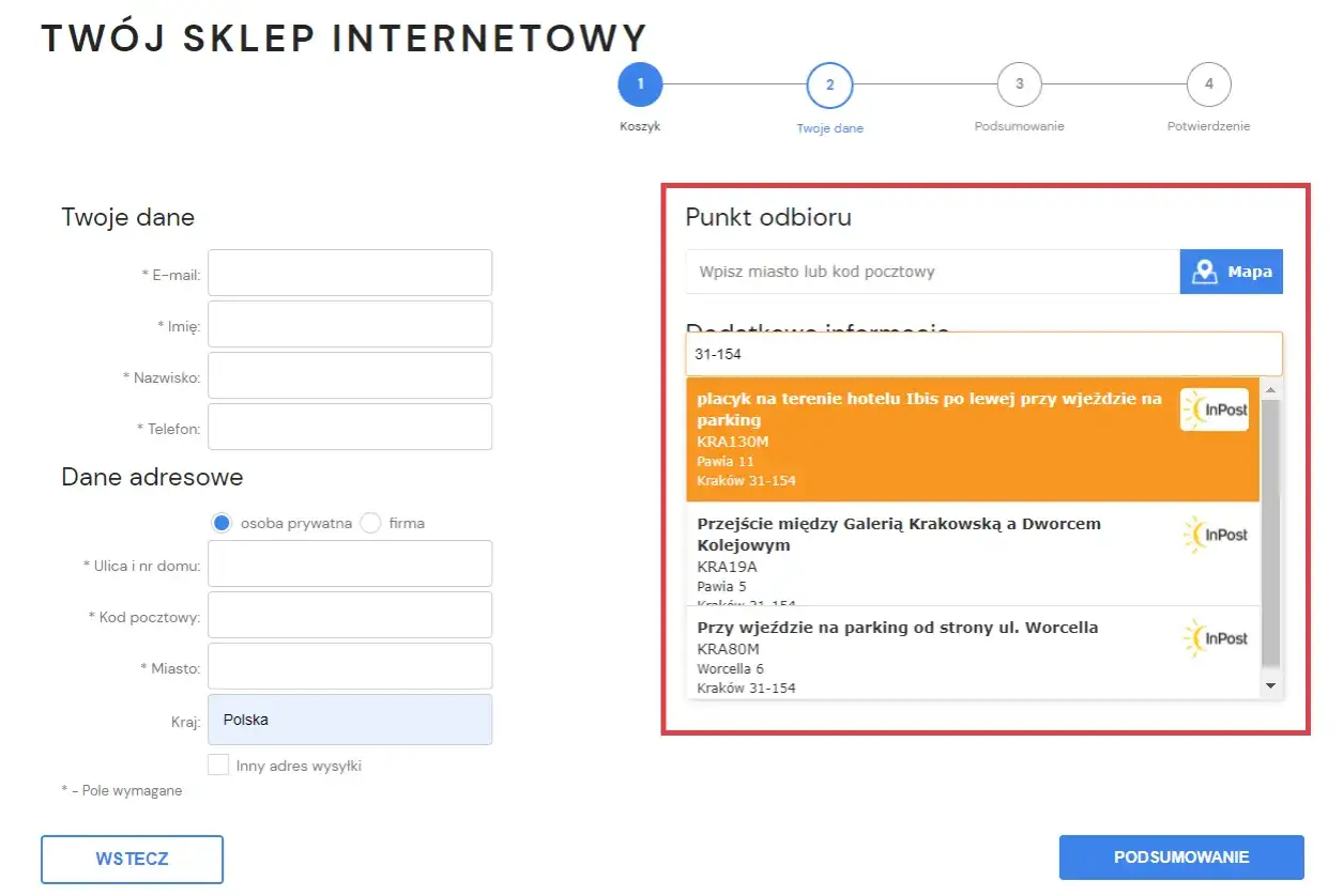 Wybór miejsca dostawy inaczej: punkt odbioru InPost w Krakowie, np. przy hotelu Ibis.
