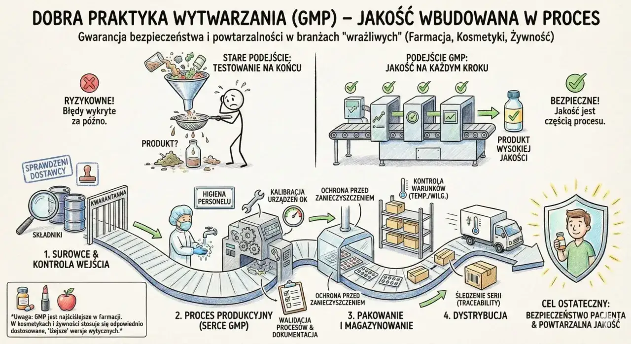 Ilustracja pokazuje proces produkcji zgodny z GMP, gdzie jakość jest budowana na każdym etapie, od surowców po dystrybucję, zapewniając bezpieczeństwo i powtarzalność.