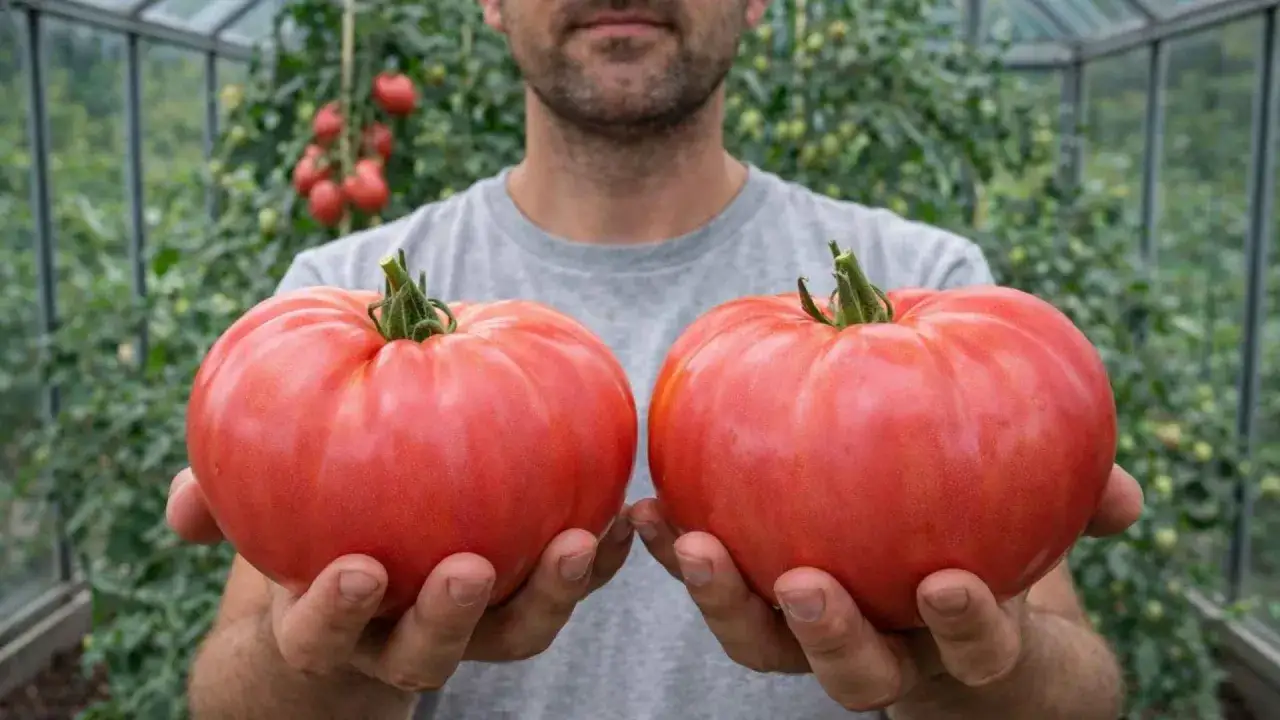 Mężczyzna trzyma dwa ogromne, różowe pomidory. To wspaniałe odmiany pomidorów, które dojrzewają w szklarni.