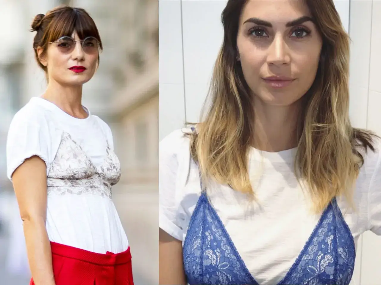 Due donne indossano una maglietta bianca con un reggiseno di pizzo sopra, uno color crema e l'altro blu acceso.