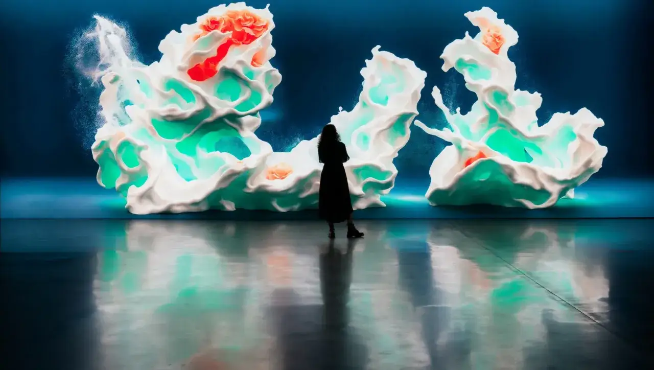 A person stands before a digital art installation, a swirling, organic form of white, teal, and coral, reminiscent of the Serpentine Americas Foundation's avant-garde exhibitions.