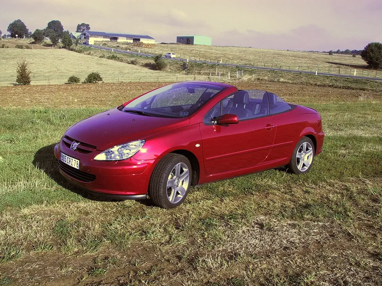 Röd Peugeot 307 CC cabriolet parkerad på en gräsbevuxen kulle. Kanske ett problem med taket som inte går att fälla ner?