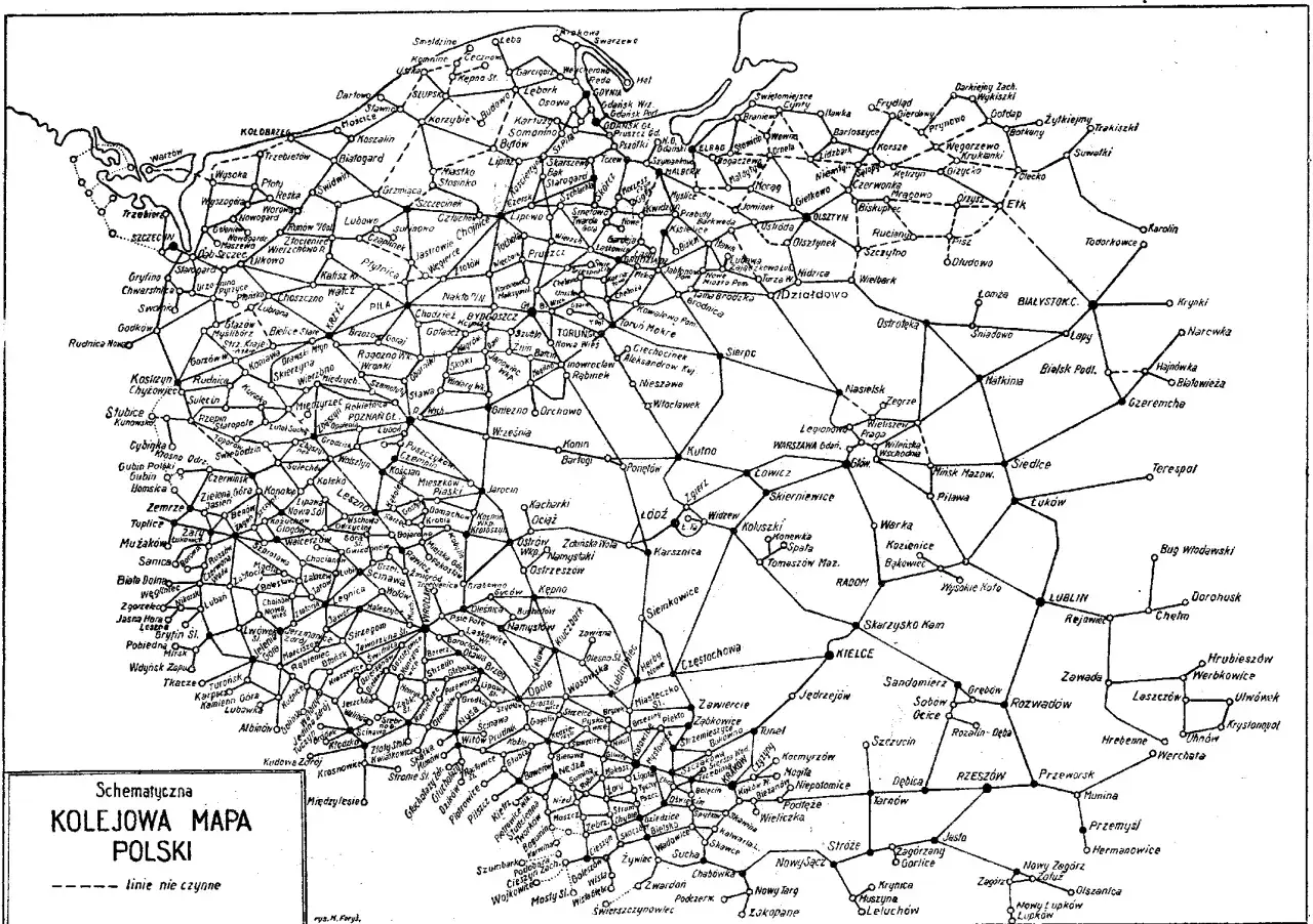 Schematyczna kolejowa mapa Polski z zaznaczonymi miastami i liniami kolejowymi.