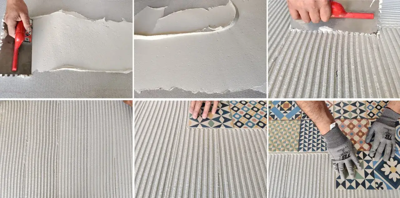 Aplicaci&oacute;n de cemento para un doble encolado perfecto. Se muestra c&oacute;mo extender el adhesivo con llana dentada y colocar baldosas de dise&ntilde;o.