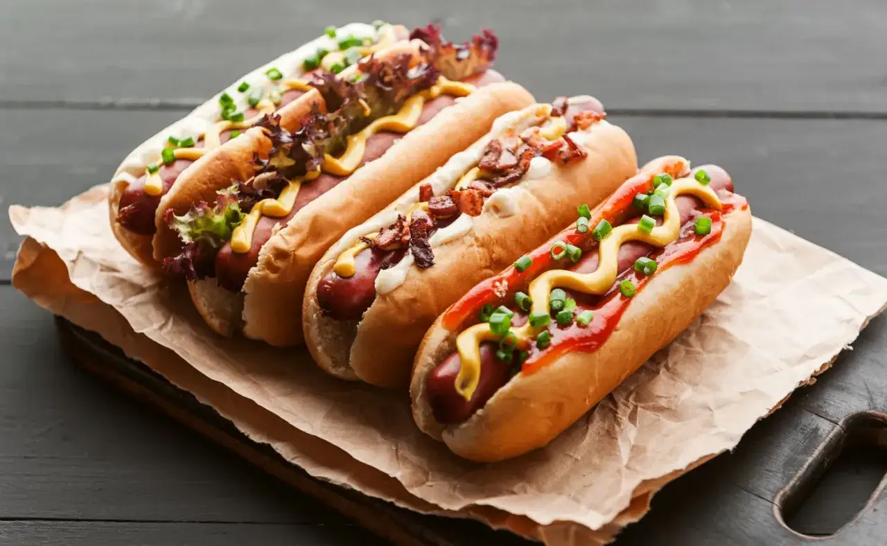 Cztery apetyczne hot dogi z grilla, każdy w miękkiej bułce, polane musztardą i ketchupem, posypane szczypiorkiem i innymi dodatkami.