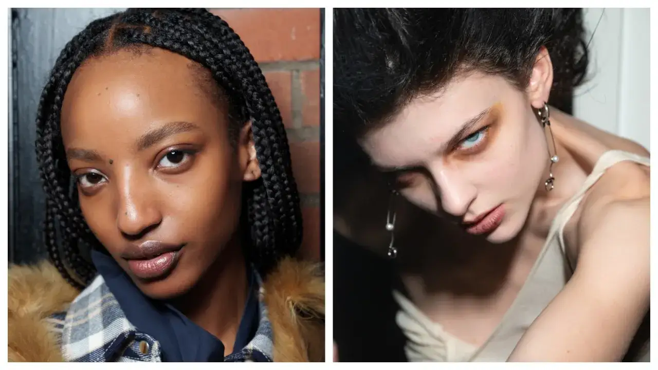 Two models with dramatic makeup. One has braided hair and a natural look, the other has a tired girl makeup with dark circles.