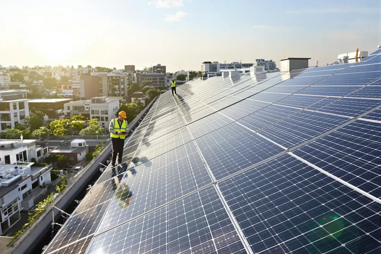 Deux techniciens &eacute;valuent le potentiel solaire d'une toiture, installant des panneaux photovolta&iuml;ques sur un toit urbain.