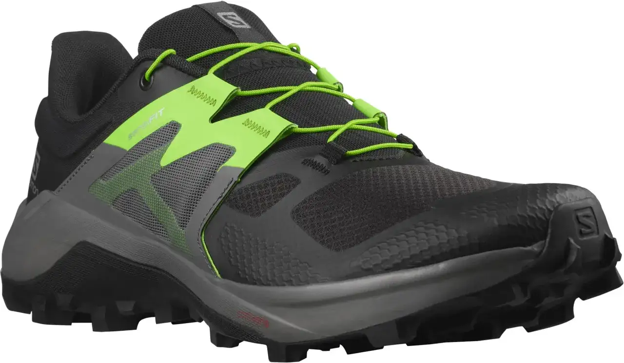 Buty Salomon Wildcross w kolorze czarnym z neonowo-zielonymi akcentami, idealne na biegowe trasy.