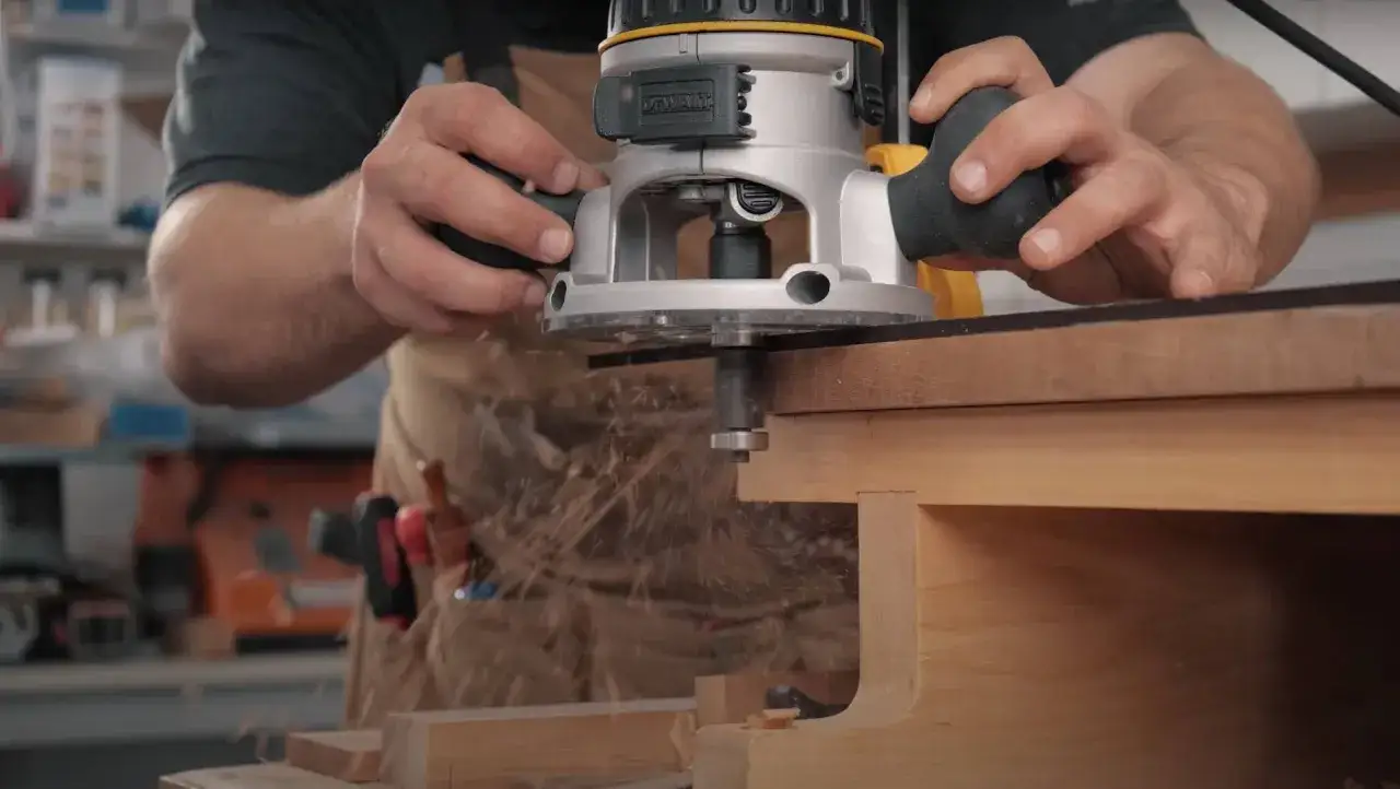 Comment raboter du bois sans rabot : un artisan utilise une défonceuse pour aplanir une planche, créant des copeaux volants.